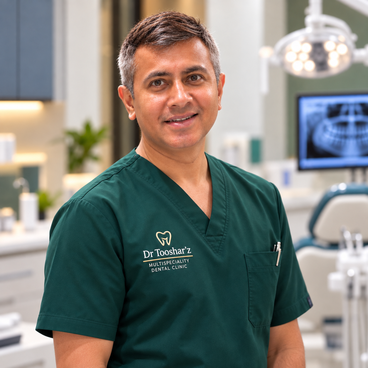 Dr. Tushar Suneja in green dental scrubs at Dr. Tooshar’z Multispeciality Dental Clinic