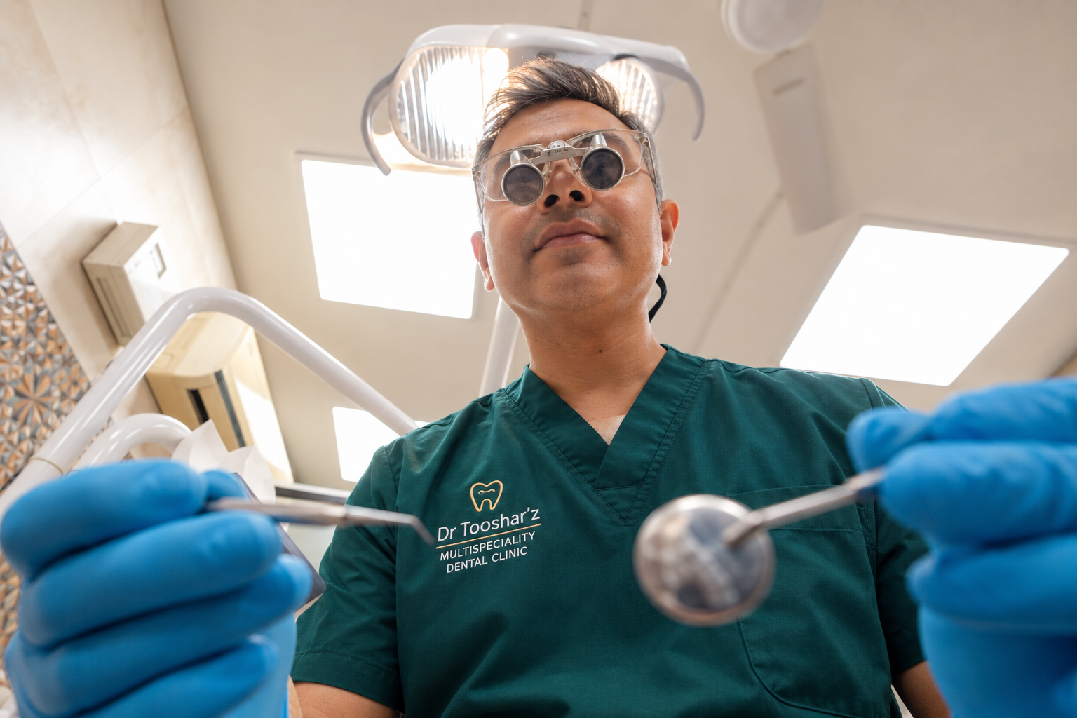 Dr. Tushar Suneja in green dental scrubs during a clinical examination